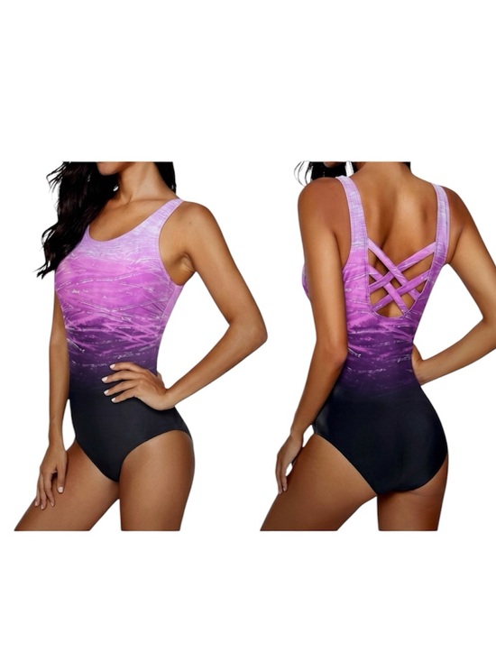 american trends Other - One Piece Swimsuit Purple & Blue Color Block Tummy Control Crisscross Back:Large